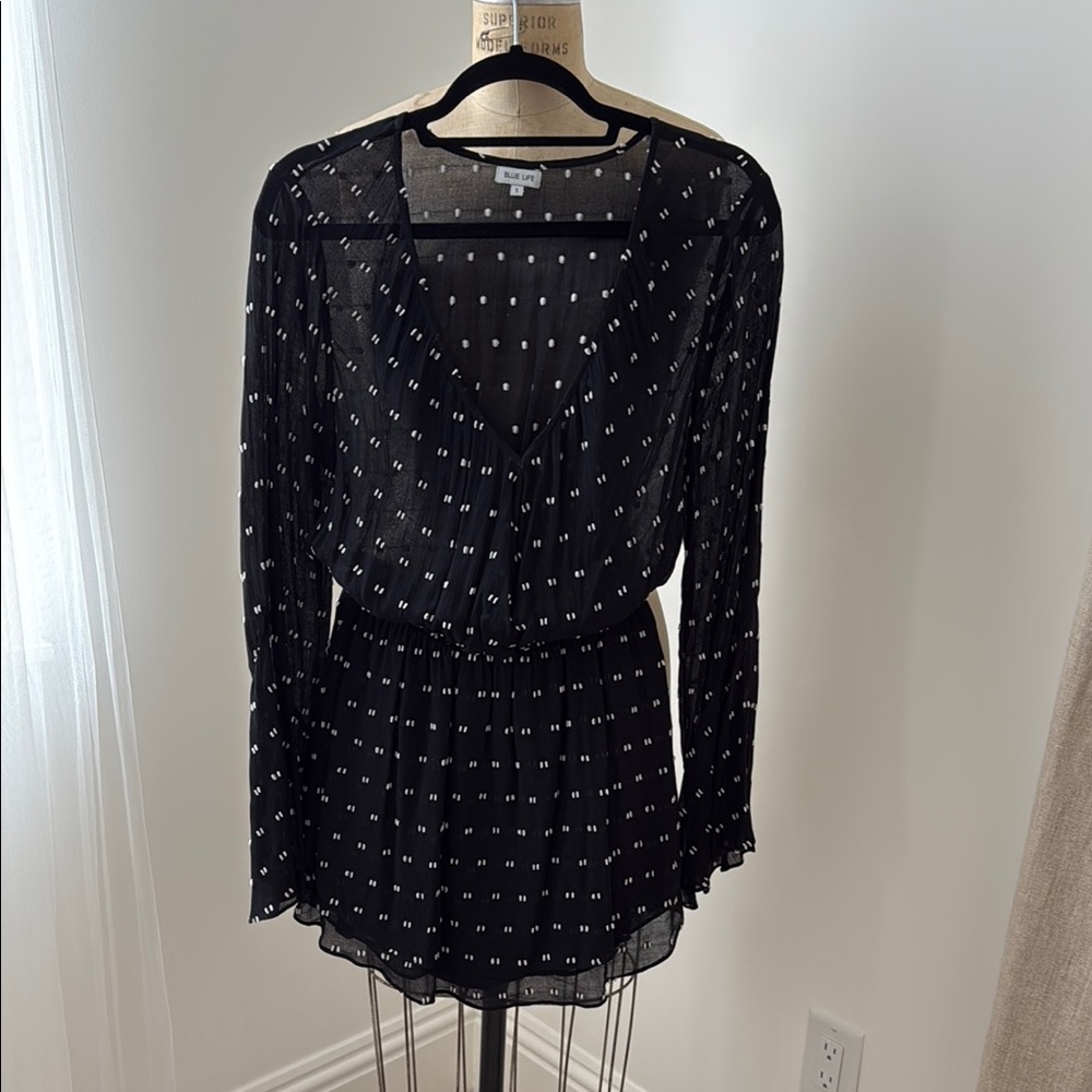 Black Sheer Long Sleeve Dress with White Dots